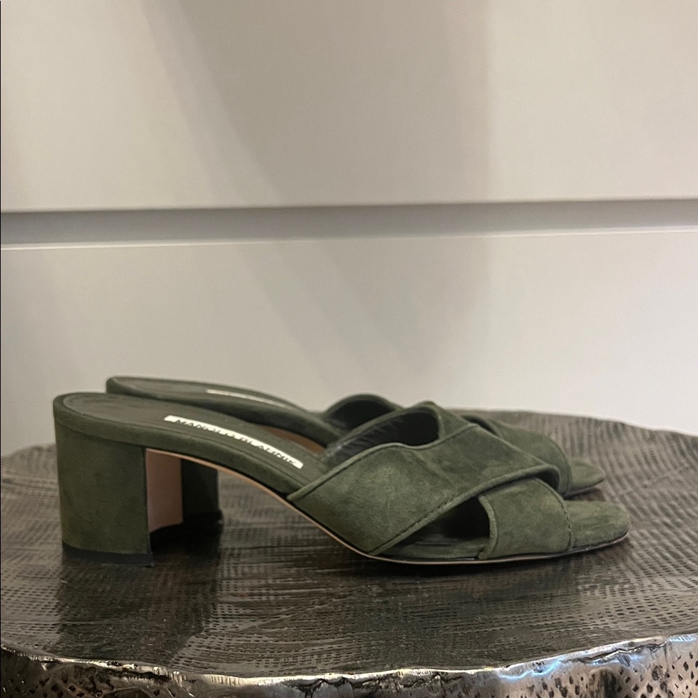 Manolo Blahnik Olive Green Suede Mules 38.5